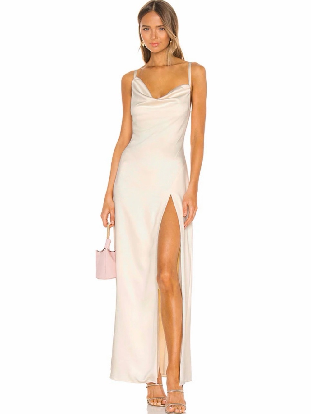 Camila Coelho Cream Satin Cowl Neck Maxi Dress with High Slit